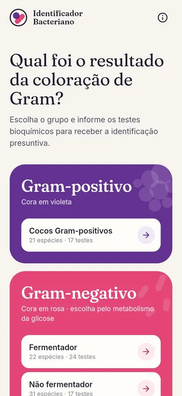 Identificador Bacteriano screen asking for the Gram stain result